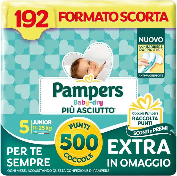 Pampers Baby Dry Junior Größe 5 (11-25 Kg), 192 Windeln + 500 Extra Kuschelpunkte Gratis