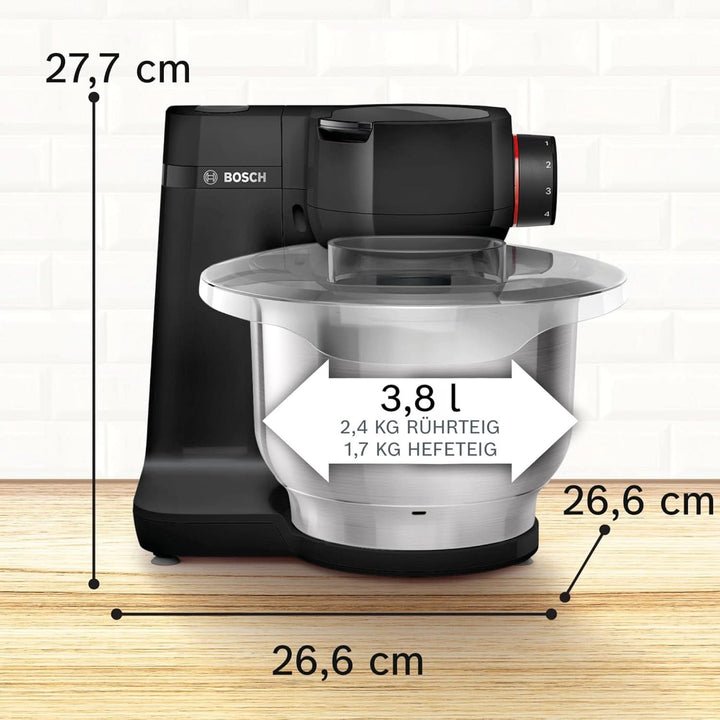 Bosch Küchenmaschine Serie 2 MUMS2EB01, Edelstahl-Schüssel 3,8 L, Planetenrührwerk, Knethaken, Schlag-, Rührbesen Edelstahl, Durchlaufschnitzler, 3 Scheiben, 700 W, Schwarz