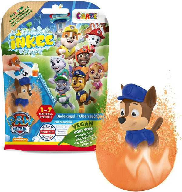 INKEE SURPRISE PAW PATROL, Bomba de baie pentru copii cu surpriză, aromă de gumă de cola, efect de spumă, 80 grame