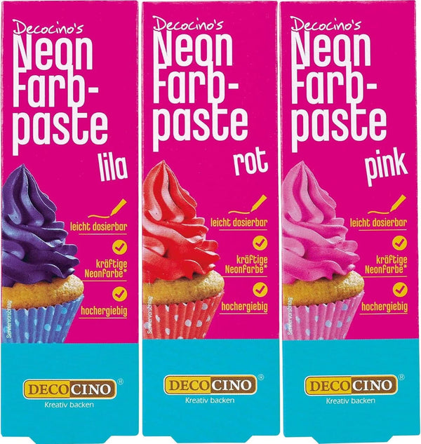 Decocino Neon Food Paste Set - 3 bucăți, colorant alimentar cu doză mare, pentru colorarea prăjiturilor, tartelor, brioșelor, cupcakes, neutru la gust