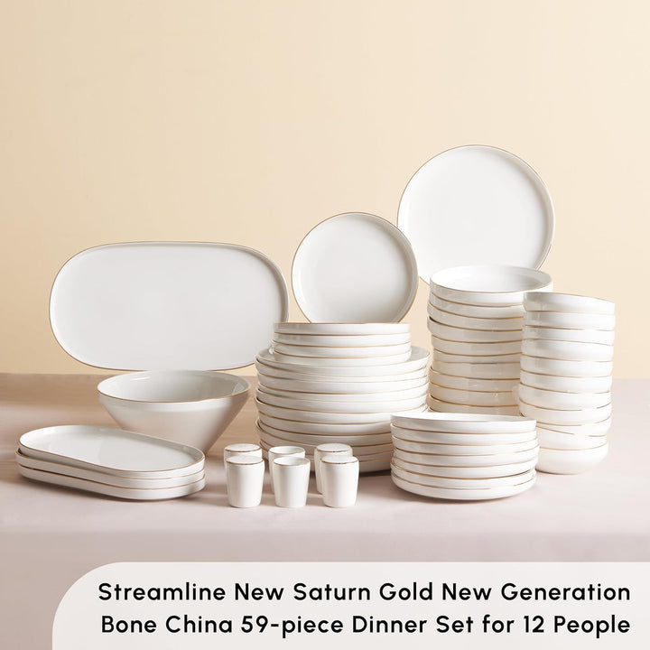 Karaca New Saturn Gold 59-Teiliges Streamline Porzellan Geschirrset Für 12 Personen Set-Porzellan Geschirr Set Servierteller Aus Porzellan,Neuer Knochen