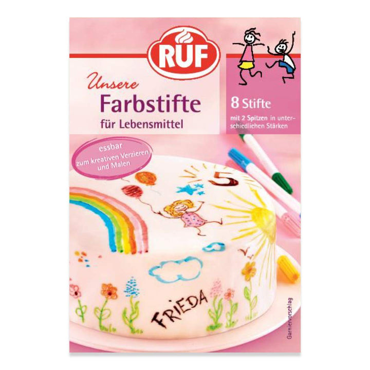 RUF Lebensmittel-Farbstifte, 8 Lebensmittelechte Speisefarben Als Stifte-Set Zum Malen & Schreiben Auf Fondant & Co., Zucker-Stifte Mit Je 2 Spitzen