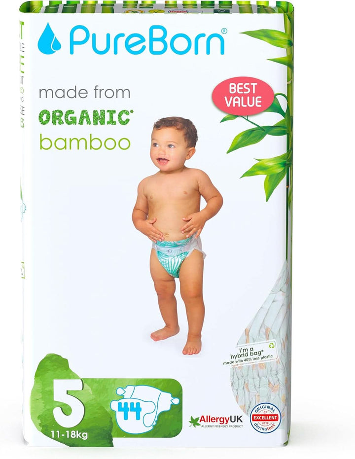 Pureborn Eco Bio-Bambus Windeln, Größe 5 (11-18 Kg), 176 Stück (2 X 88), Umweltfreundlich, Hypoallergen, Ultraweich, Mit Nässeindikator, Diverser Aufdruck