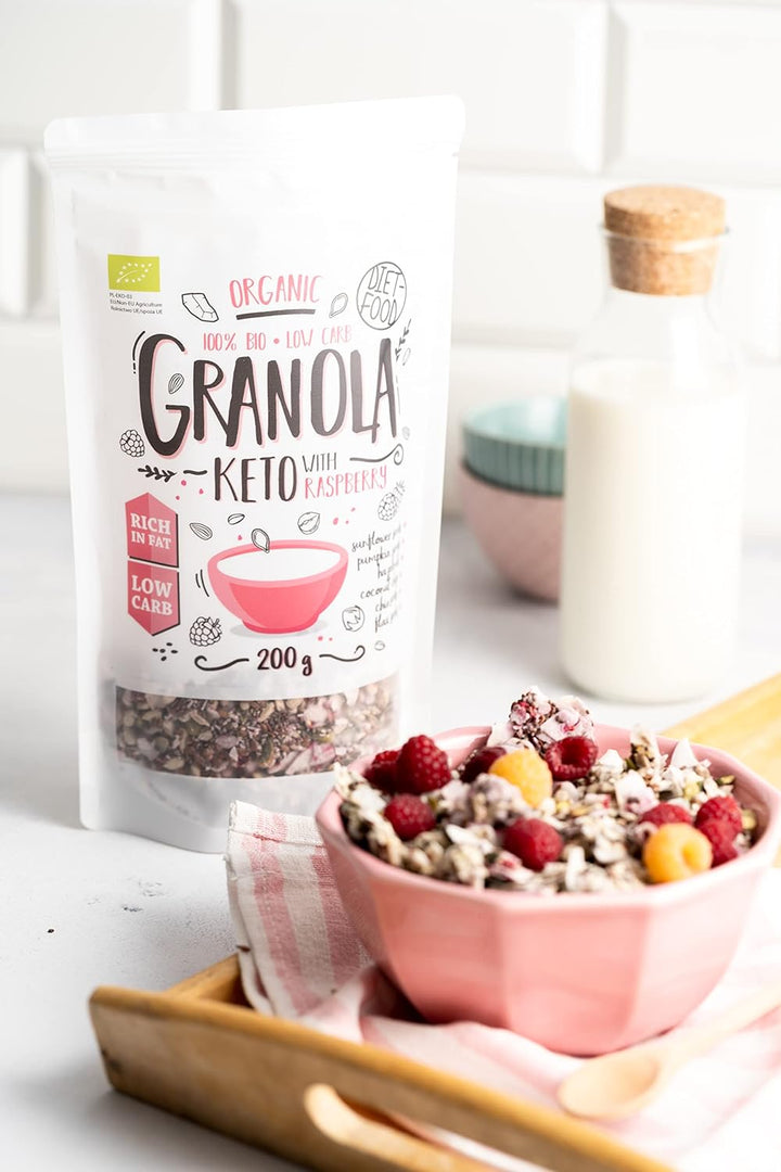 DIET-FOOD Keto Granola Mit Himbeere Low Carb Und Fettarm Glutenfreies Granola Frühstücksmüsli Non-Gmo Snack Ohne Zuckerzusatz 200G 1Er Pack