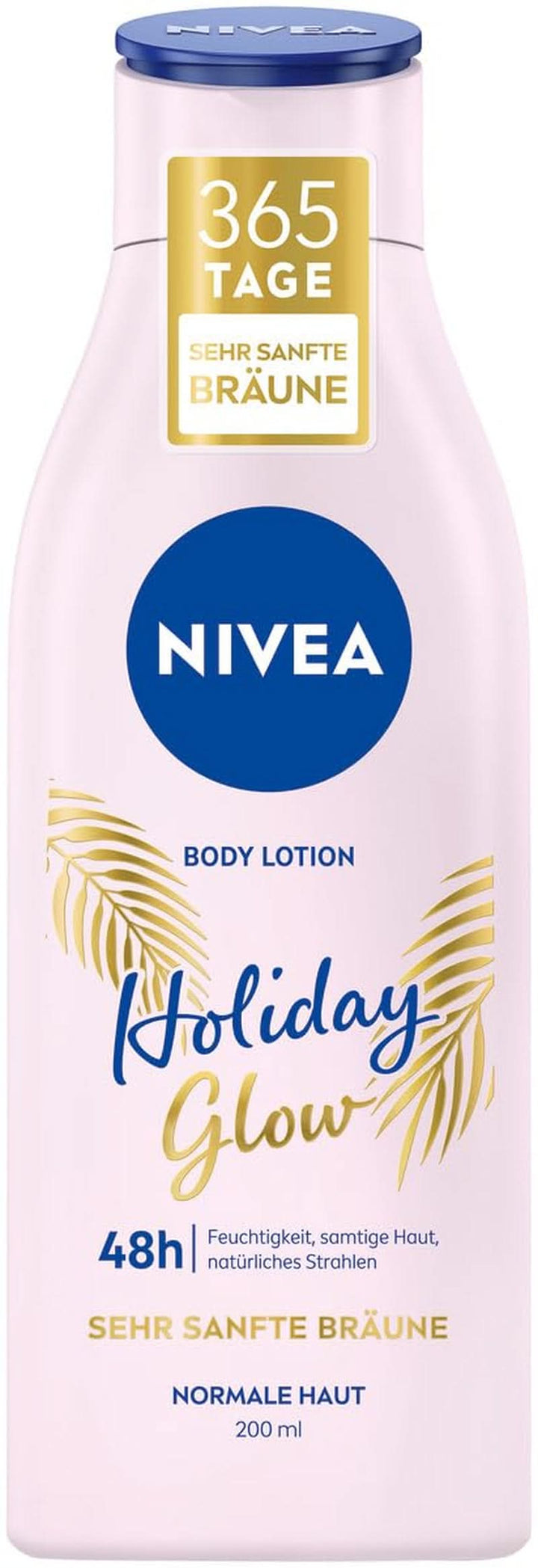 NIVEA Holiday Glow, Loțiune de corp pentru hidratare 48H și o strălucire naturală a pielii, cremă hidratantă cu vitamina E și efect de bronzare delicat, 200 ml