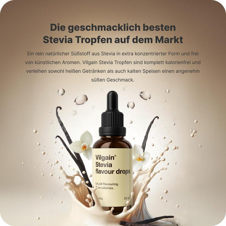 Vilgain Stevia Drops – Natürlicher Kalorienfreier Süßstoff, 5 Geschmacksrichtungen, Ideal Für Getränke, Backen & Diabetiker, Ohne Zucker, Hitzebeständig, Vegan & Ergiebig (50Ml, Vanille)