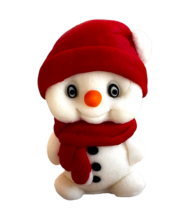 Edible decoration of sugar paste, snowman with scarf and red cap