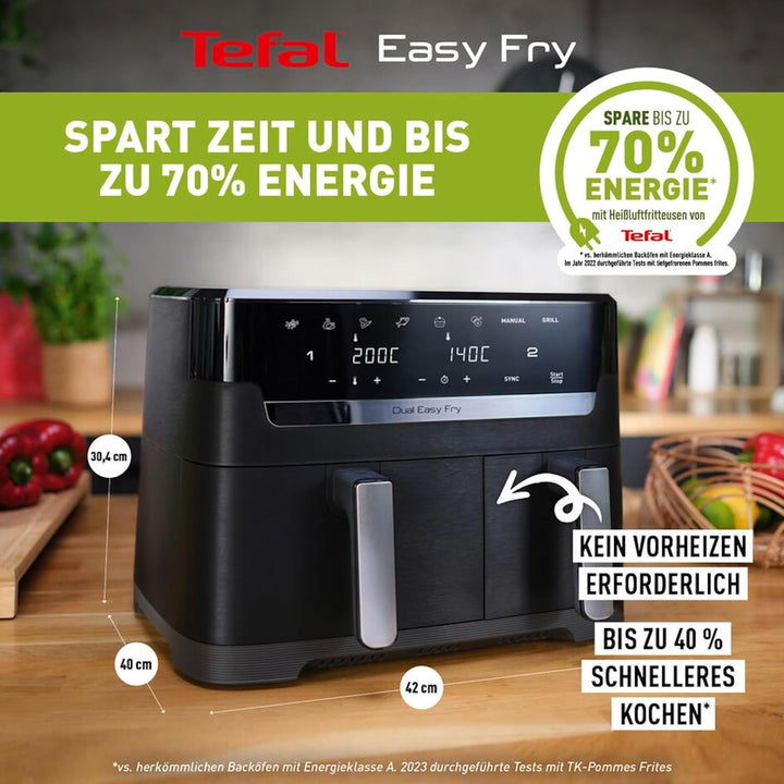 Tefal Dual Easy Fry Heißluftfritteuse Doppelkammer, 5,2/3,1 L Fassungsvermögen, Zwei Unabhängige Schubladen, 7 Programme, Energiesparender Airfryer, Schwarz, EY9018