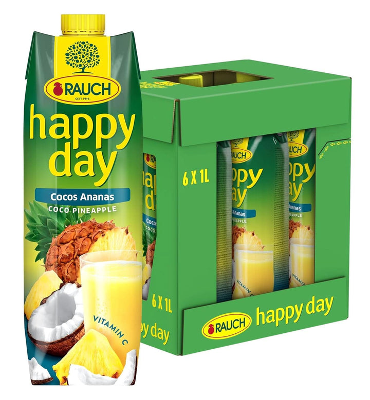 Rauch Happy Day Coconut-Pineapple | O călătorie în Caraibe | Suc de fructe din ananas și apă de nucă de cocos | 6 x 1 litru, Tetra Prisma