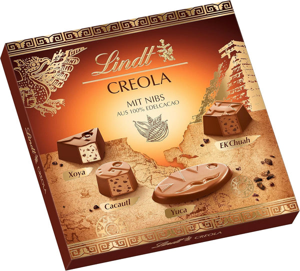 Lindt Schokolade - Creola Pralinés | 165 G | Pralinen Schachtel Mit 15 Pralinen in 4 Köstlichen Sorten Ohne Alkohol Mit Kakao Nibs Aus 100 % Edelkakao | Pralinengeschenk | Schokoladengeschenk