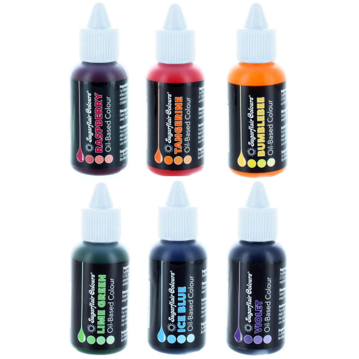 Sugarflair Oil Based Colour Lebensmittelfarbe Ölbasis Rainbow Set/6 - Hochkonzentrierte Lebensmittel Farbe Ölbasis - Raspberry, Tangerine, Bumblebee, Lime Green, Ice Blue, Violet - 6X30Ml