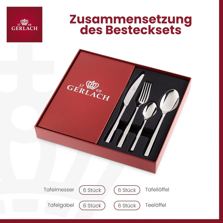 Gerlach Modern Besteck-Set Für 6 Personen Spülmaschinenfest Essbesteck Aus Edelstahl Elegantes Besteck Mit Messer Gabel Löffel Und Teelöffel Tafelbesteck Rostfrei 24 Stk