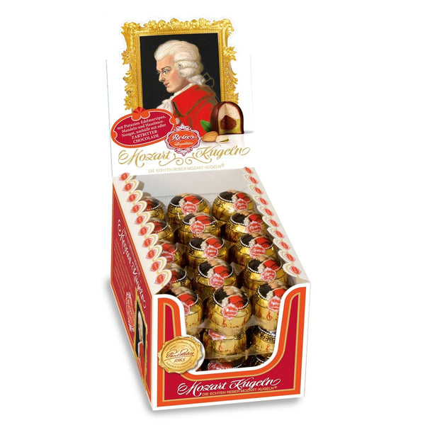 Reber Mozart-Kugeln, 45Er Aufstellkarton, Mozart-Kugeln Aus Zartbitter-Schokolade, Gefüllt Mit Pistazien-Marzipan, Mandeln Und Haselnuss-Nougat, 900G (45 Mozart-Kugeln)