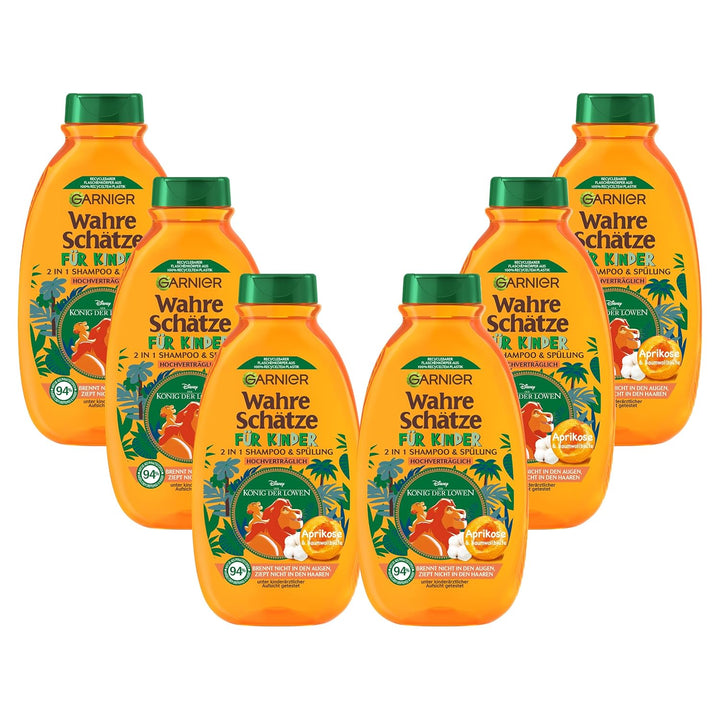 Garnier Shampoo Für Kinder, Mildes 2-In1 Pflegeshampoo Für Empfindliches Haar Und Leichte Kämmbarkeit, Mit Aprikose Und Baumwollblüte, Wahre Schätze Kids, 6 X 250 Ml