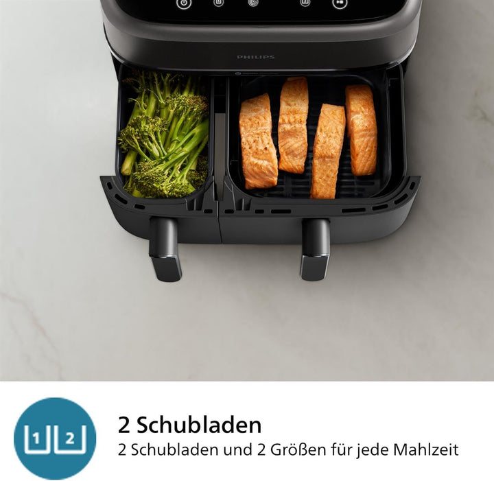 Philips Airfryer Dual Basket 3000 Series, 9L, 2 Körbe, 2 Gerichte Gleichzeitig Fertig, Rapidair plus Heißlufttechnologie, 90% Weniger Fett, Energieeffizient, Homeid Rezepte-App (NA350/00)