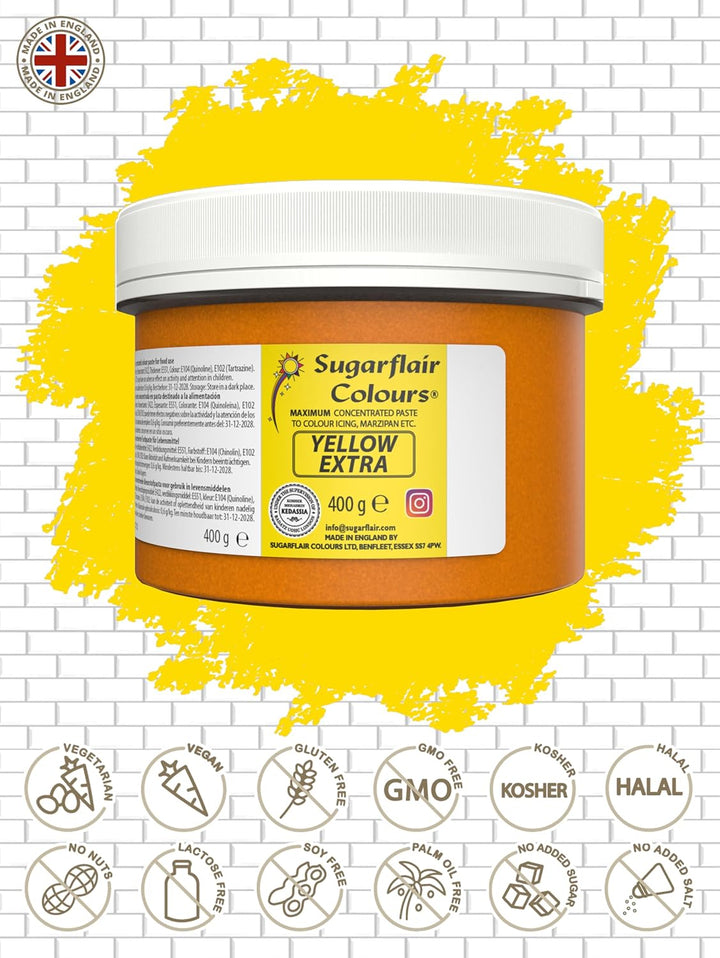 Sugarflair Lebensmittelfarbe Max Konzentriert Yellow Extra, Lebensmittel Farbstoff Hoch Konzentriert Für Marzipan Und Fondant, Max Concentrate Paste Colour - 400G