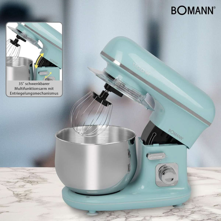 Bomann® Retro Küchenmaschine Zum Backen | Knetmaschine 5L |Starker 1100W Motor | Teigmaschine Inkl. Haken & Schneebesen | Retro Teigknetmaschine Spritzschutz Mit Nachfüllöffnung – KM 6030 CB Mint-Grün