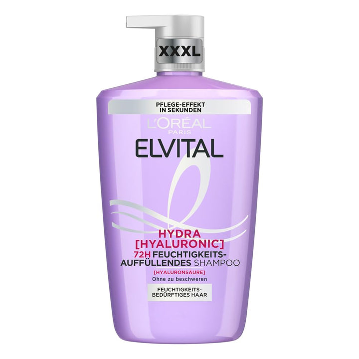 L'Oréal Paris Elvital Hydra Hyaluronic Feuchtigkeitsspendendes XXL Shampoo Für Glänzendes Haar, Hyaluron Shampoo Für Einen Feuchtigkeitsboost & Schutz, Langanhaltende Feuchtigkeit Und Pflege, 1000Ml