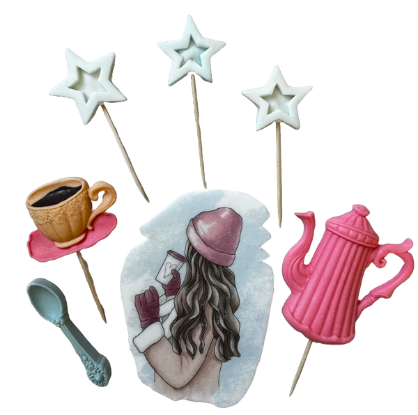 Lot de 7 décorations comestibles en pâte à sucre, Belle Dame, chapeau rose