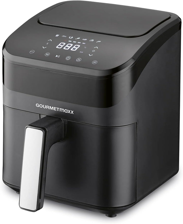 Gourmetmaxx Digitale Heißluftfritteuse XXL - 9L Ofen | Airfryer Mit Timerfunktion, Touchdisplay, Drehspieß, Schaschlikspießen | Fettarm, Energiesparend Frittieren | 8 Programme, 1800 W