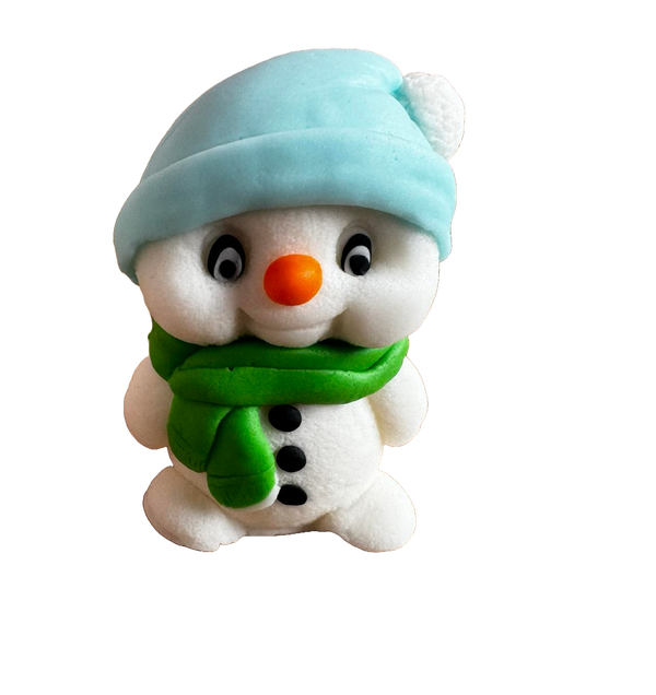 Edible decoration of sugar paste, snowman with green scarf and blue cap