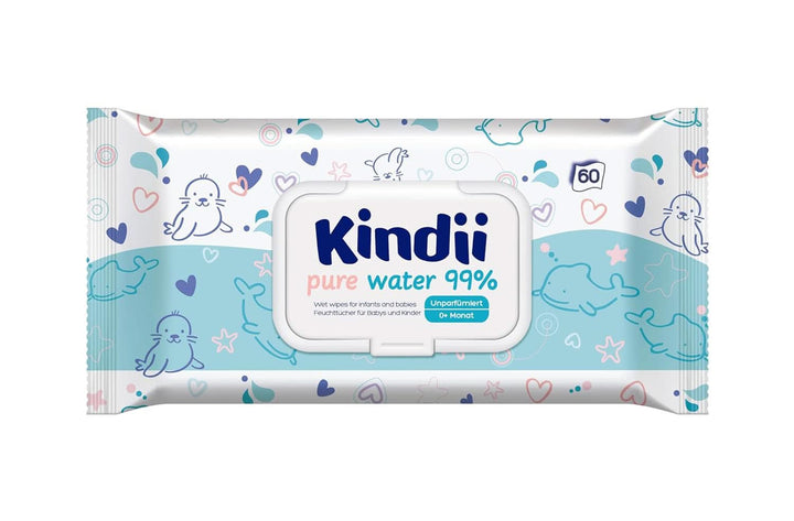 Kindii Feuchttücher Für Babys Und Kinder Pure Water 99% - 99% Ige Zusammensetzung Auf Wasserbasis - Allantoin - Parfümfrei - Unparfümiert - Dermatologisch Getestet - Für Empfindliche Haut - 60 Stück