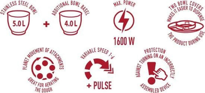 MPM - Planeten-Küchenmaschine Mit 2 Rührschüsseln 4 & 5 Liter - 1600W Küchenmaschine - Schwarz