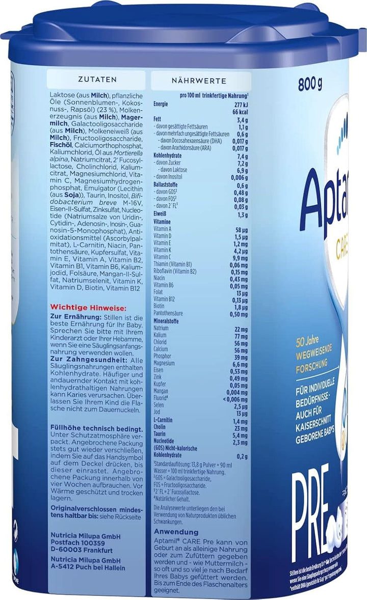 Aptamil Care PRE – Anfangsmilch Von Geburt An, Mit DHA, Nur Laktose, Ohne Palmöl, Babynahrung, Milchpulver, 1X 800 G