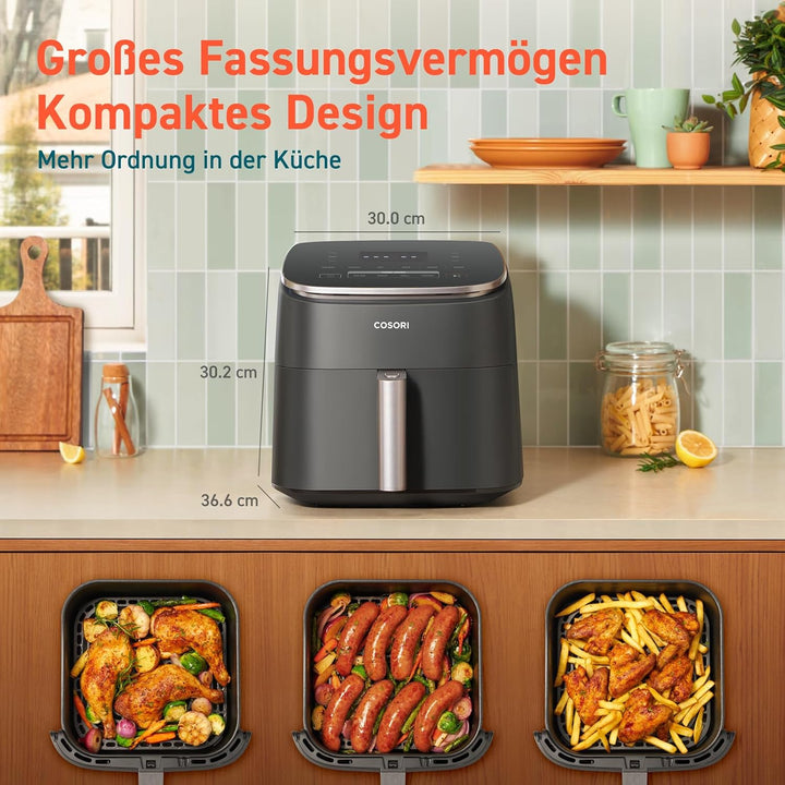 Cosori Turboblaze Heißluftfritteuse Airfryer, 9-In-1 Air Fryer XXL 6L, Leiser DC Motor Mit 5 Geschwindigkeitsstufen, Grillen, Backen, Gären, Dehydrieren, Tiefkühlen, 87 Rezepte, 64% Energiesparend