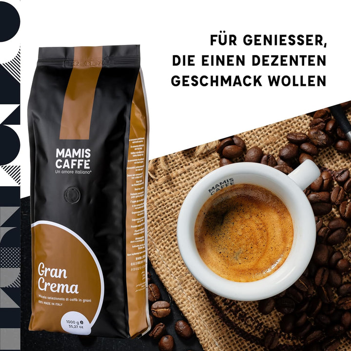 Mamis Caffè Gran Crema (1 Kg) - Ganze Espressobohnen - 100% Arabica-Bohnen - Fruchtiger, Schokoladiger, Leicht Süßer Geschmack - Mittlere Röstung Und Dicker Crema - Angebaut in Brasilien Und Kolumbien