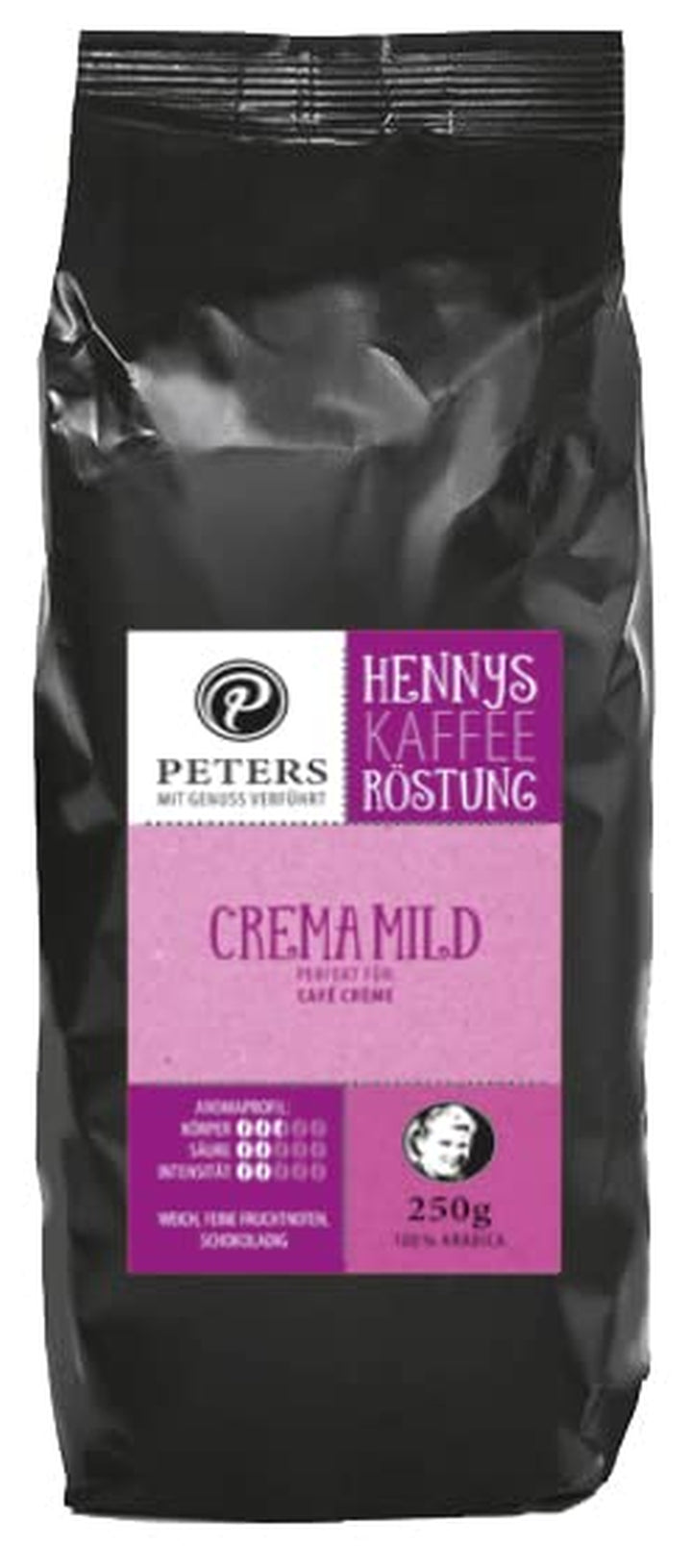 Peters Mit Genuss Verführt | Henny'S Röstung Crema Mild | Sprechender Kaffee AR | Augmented Reality App | Ganze Bohnen | Kaffeebohnen | Ideal Für Vollautomaten | Arabica | Mit Koffein | 250G