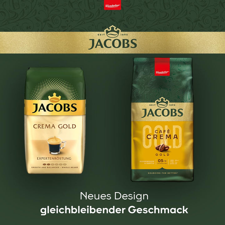 Jacobs Café Crema Gold Kaffeebohnen 1Kg – Vollmundig, Aromatisch, Fruchtige Note, Arabica & Robusta Bohnen, Intensität 5/10, Ideal Für Café Crema