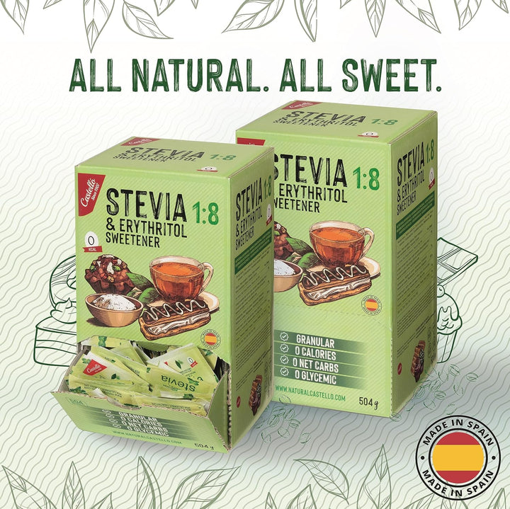 Stevia + Erythrit 1:8 Süßstoff | 504 Beutel Mit 1 G | 100% Natürlicher Zuckerersatz - 0 Kalorien - 0 Glykämischer Index - Keto Und Paleo - 0 Kohlenhydrate - Kein GVO - Castello since 1907 - 504 G