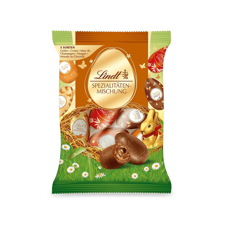 Lindt Schokolade Spezialitäten Mix Eier | 3 X 90 G | Vollmilch-Eier in Fünf Sorten Mit Und Ohne Alkohol (Marc De Champagne, Nougat, Cresta, Mousse Au Chocolat, Lindor Milch) | Oster Schokolade