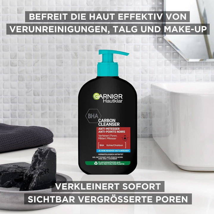 Garnier, Cleanser cu cărbune, gel de curățare facială împotriva punctelor negre și a coșurilor, 250 ml