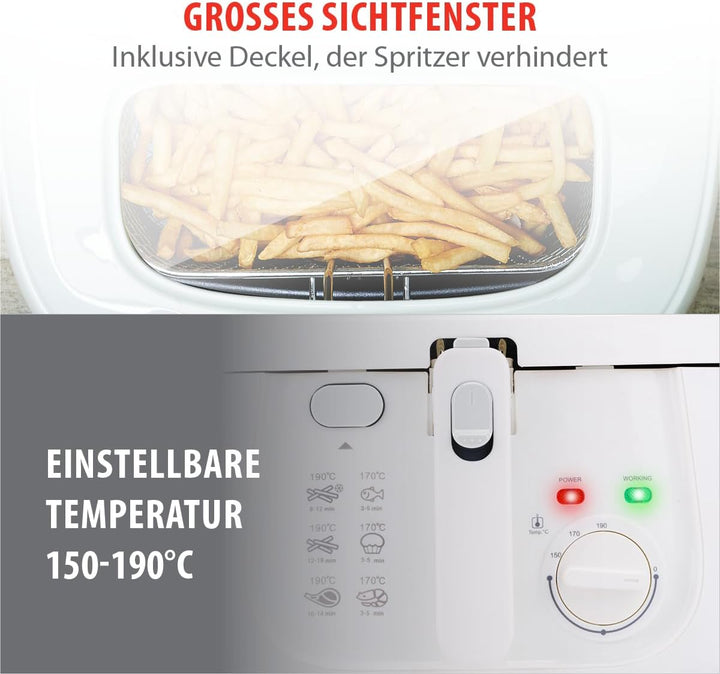 Alpina Friteuse 2,5L DF-165 - Friteuse Mit Fett 1800W - Einstellbare Temperatur Bis 190°C - Für 2 Bis 3 Personen - Mit Antihaftbeschichtung Und Kontrollleuchte - Weiß, Weiss