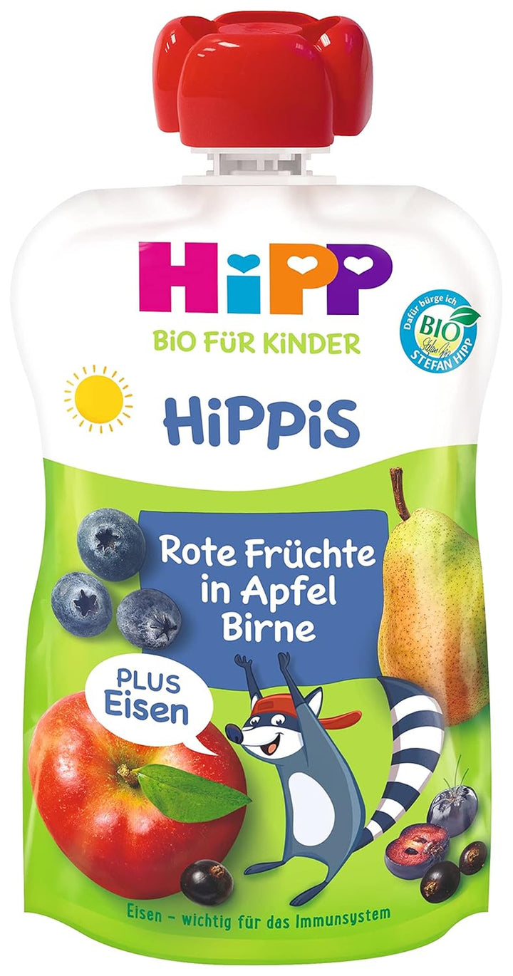 Hipp Bio Für Kinder Hippis Frucht plus Rote Früchte in Apfel Birne plus Eisen- Willi Waschbär, 6Er Pack (6 X 100 G)