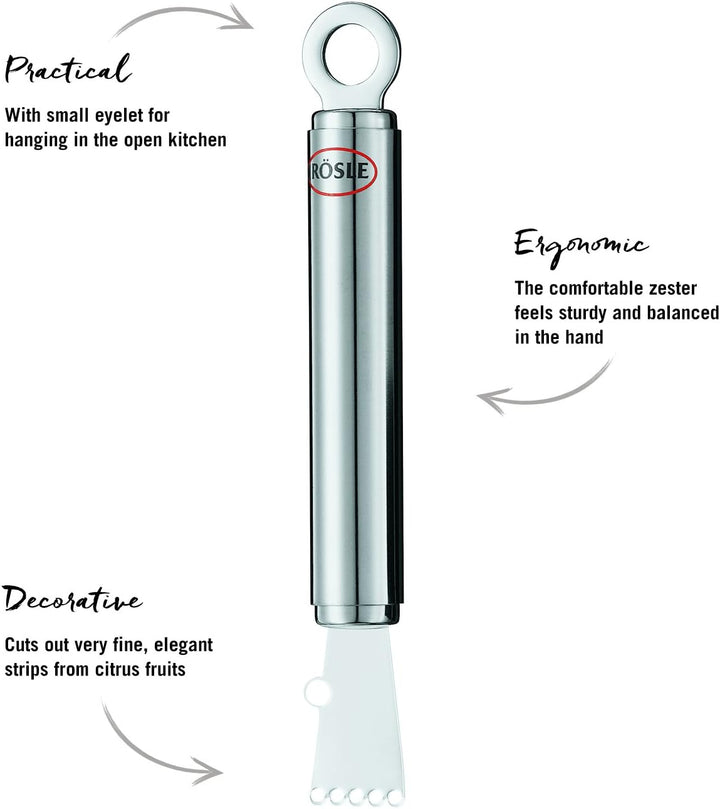 RÖSLE Fadenschneider, Hochwertiger Zestenreißer Für Feine Schalenstreifen, Zitrusfrüchte, Dekoration, Edelstahl 18/10, Spülmaschinengeeignet, 15.5 X 1.9 X 1.9 Cm, Silber