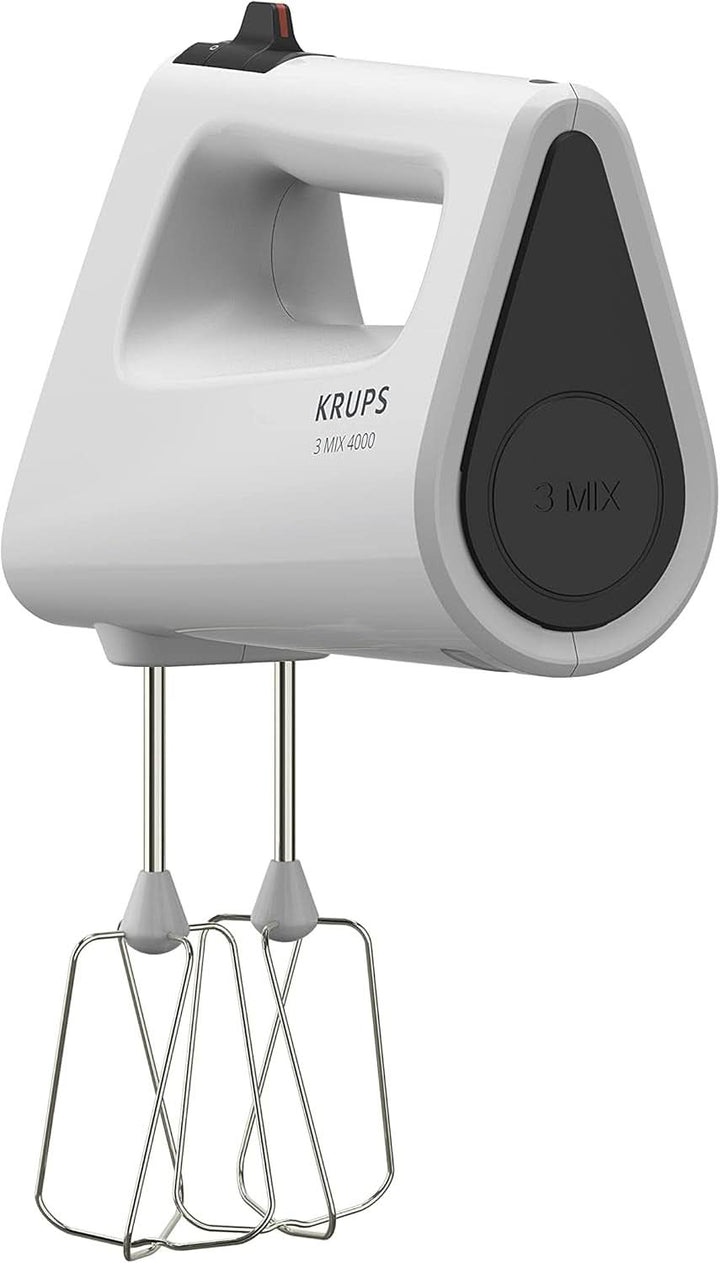 Krups GN4001 3 Mix 4000 Handmixer | 450 Watt | Robustes Design | Variabler Geschwindigkeitsregler | Turbo- Und Auswurf-Funktion | Inkl. 2 Rührbesen Und 2 Knethaken | Weiß/Grau