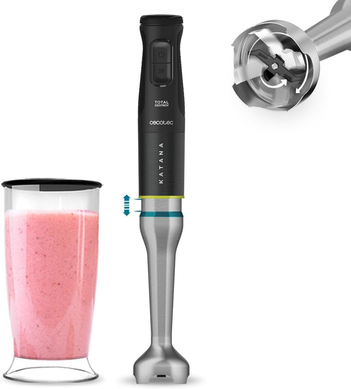 Cecotec Handmixer Katana 15 Totaldestroy Smash B. 1500 W, Total Destroy, Perreomove, 21 Geschwindigkeiten, Turbo-Funktion, Spritzschutzhaube, 8 Titan-Klingen, 800Ml Becher