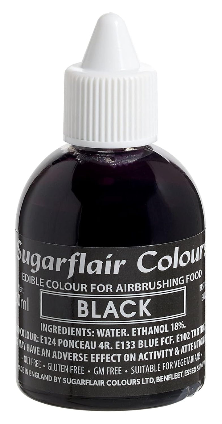 Sugarflair Airbrush Colouring Lebensmittelfarbe Black - Essbare Lebensmittel Farbe Flüssig, Airbrush-Farbe Für Kuchen, Cupcakes, Zuckerguss Und Kuchendekorationen - 60Ml