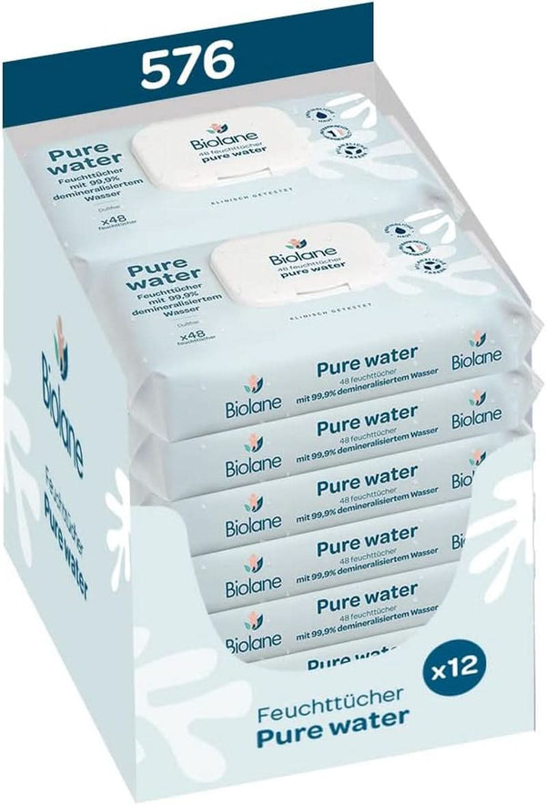 BIOLANE - Baby-Feuchttücher Mit 99,9% Wasser - Pure Water - Packung Mit 12 X 48 (576 Feuchttücher) - Für Empfindliche Haut - Ab Der Geburt - Duftfrei - Wechseln Und Reinigungspflege