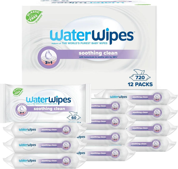 Waterwipes Lindernde Säuberndebabytücher, 720 Tücher (12 Packungen), Mit 99% Wasser & Botanischen Extrakten, Feuchttücher Für Gesicht & Körper