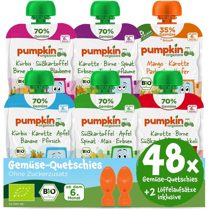 Pumpkin Organics 24Pack, piure de legume organice, fără zahăr adăugat, pentru bebeluși de la 6 luni, 24 x 100 grame