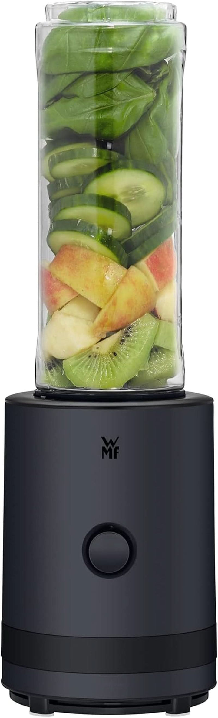 WMF Küchenminis Smoothie-To-Go, Mini Standmixer Mit Zwei Mix-/Trinkbehältern 0,6L, Mixer Hochleistungsmixer 300 W, Edelstahl Matt, Schwarz