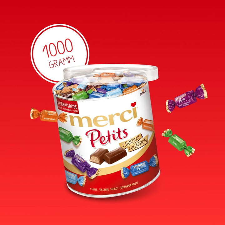 Merci Petits Chocolate Collection – 1 X 1000G – Mix Aus Nicht Gefüllten Und Gefüllten Schokoladen-Spezialitäten in Praktischer Runddose