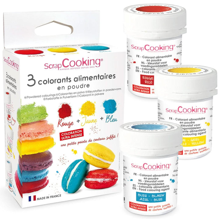 ScrapCooking, Set 3 coloranti alimentari pudra - rosu, galben, albastru, 3 x 5 grame