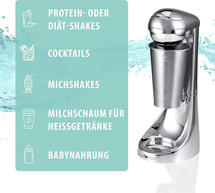 Clatronic® Barmixer U. Milchaufschäumer | Smoothie Maker | 650Ml Edelstahlbehälter | Praktischer Becherhalter | Mixer | 2 Geschwindigkeitsstufen | Kraftvoller 65 Watt Motor | Chromdesgin | BM 3472