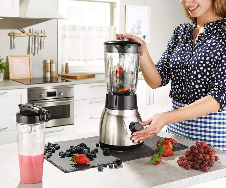 Russell Hobbs Standmixer 2-In-1 [1,5L Glasbehälter Mixer & 0,6L Mini Smoothie Maker -To-Go-Trinkflasche Inkl. Deckel] Spülmaschinenfest, Impuls-/Ice-Crush Funktion, Becher BPA Frei, Edelstahl 23821-56