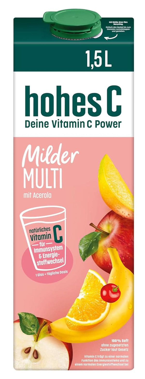 High C Mild Multivitamin (1 X 1.5L), 100% suc, mere, portocale, acerola, mango, 7 vitamine, Fără zahăr adăugat conform legii, Mai puțin acid, Vegan